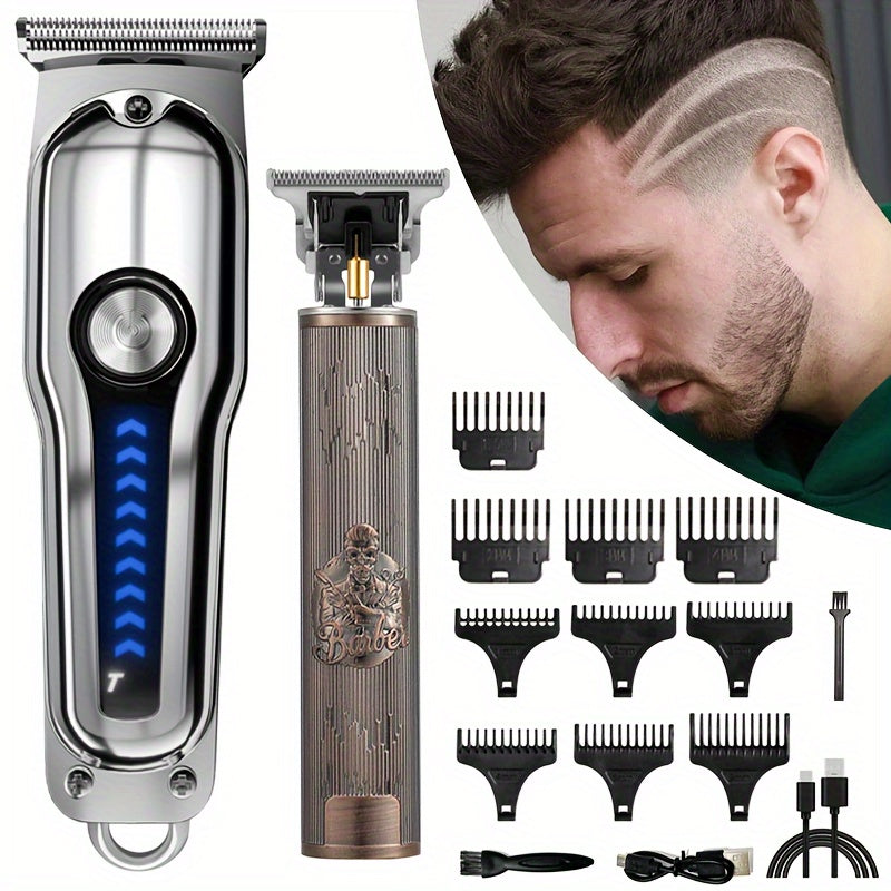 2pcs/Set Professional Hair Clipper Set, USB Rechargeable Electric Razor Fine Cutter Beard Trimmer Razor Cordless Hair Cutting Machine For Men