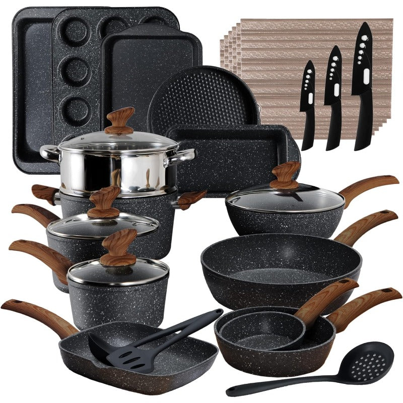 Kitchen Induction Cookware and Bakeware Set - 30 Piece Black Granite Cooking Pans Set Non-Stick Pots and Pans Set