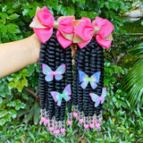 2pcs Delicate Kids Ponytail Extensions, Braids With Beads, Sweet Hair Extension With Elastic Tie, Twist Ponytails With Hair Bows Butterflies, Cute Pigtail, Beautiful Wig For Girls Casual Leisure Party Supplies, Gift Stage Per