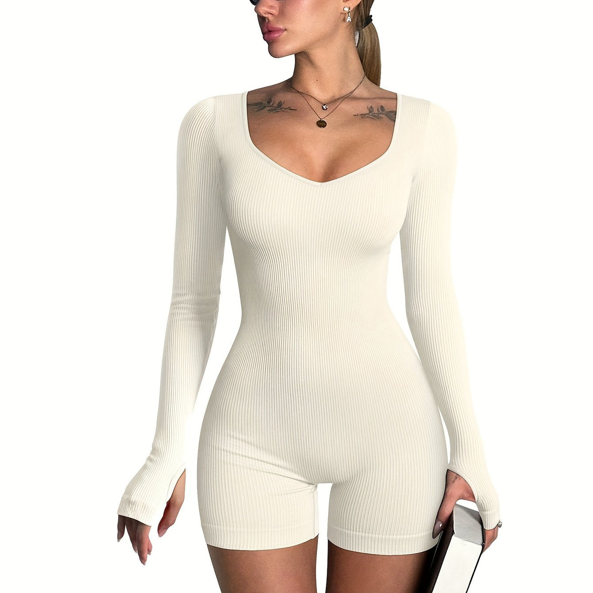 OQQ Women Yoga Rompers Ribbed Workout Long Sleeve Sweetheart V Neck Sport Jumpsuits Rompers