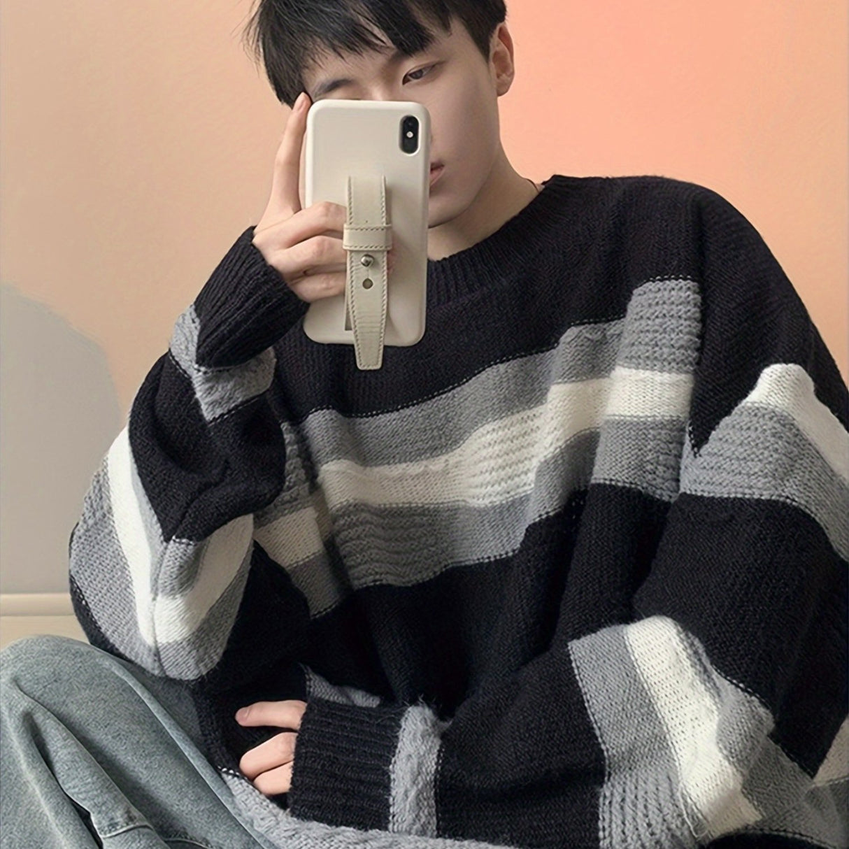 1pc Korean Style Cozy Fleece-Lined Crew Neck Sweater for Men - Casual Polyester Striped Pullover with Contrasting Colors, Loose Fit, Thermal Insulation, Knitted Fabric, Adult - Fall/Winter Essential
