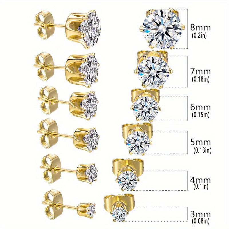 Sparkling Stainless Steel 6-Prong zirconia Stud Earrings Hypoallergenic Daily Decor Earrings 18K Gold Plated Ear Bone Buckle Jewelry