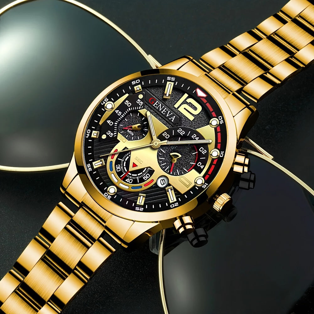3pcs/set, Fashion Mens Business Stainless Steel Calendar Watches & Silvery Bracelet Cross Pendant Necklace