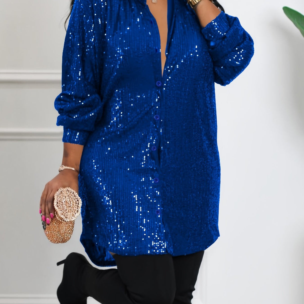 Plus Size Glamour - Sequined, Long Sleeve, Turn Down Collar, Button Up Shirt Dress for Women - Perfect for Party, Evening, and Formal Occasions