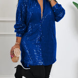 Plus Size Glamour - Sequined, Long Sleeve, Turn Down Collar, Button Up Shirt Dress for Women - Perfect for Party, Evening, and Formal Occasions