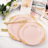 350PCS Pink and Golden Plastic Plates - Pink Plastic Dinnerware Sets for 50 Guests - 100 Pink Disposable Plates, 150 Golden Plastic Silverware, 50 Cups, 50 Napkins for Wedding & Mother's Day