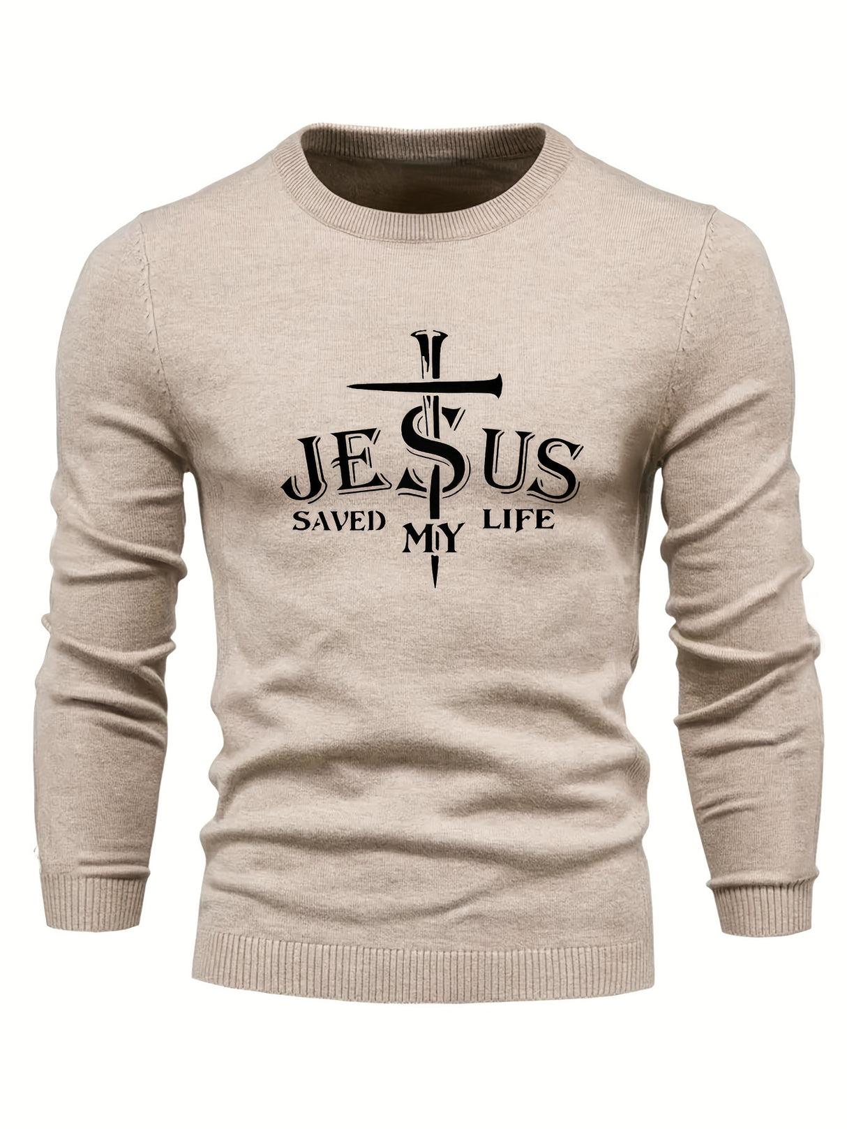 Jesus Saved My Life Print All Match Knitted Sweater, Men's Casual Warm Mid Stretch Crew Neck Pullover Sweater For Men Fall Winter