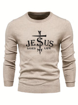 Jesus Saved My Life Print All Match Knitted Sweater, Men's Casual Warm Mid Stretch Crew Neck Pullover Sweater For Men Fall Winter