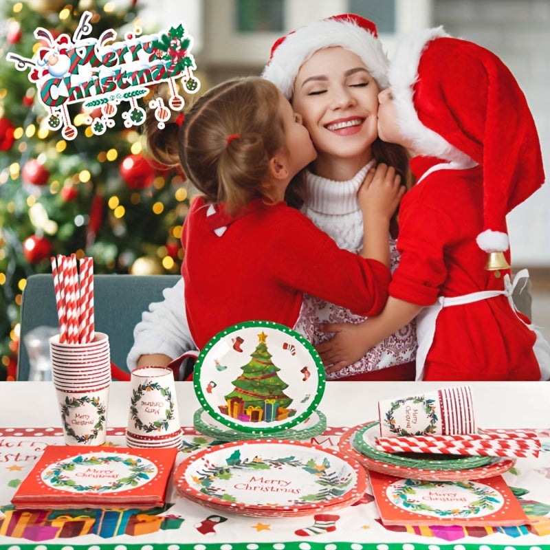 122pcs Disposable Christmas Theme Tableware, Christmas Party Decoration With Paper Plates, Napkins, Paper Cups, Straws, Tablecloths And Flags, Xmas Holiday Theme Tableware Supplies& Decoration (Mistletoe Pattern, For 24 Peopl