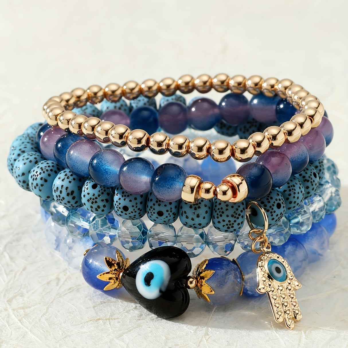 5pcs/Set Bohemian Evil Eye Fatima Hand Glass Beads Strands Bracelets Set For Women