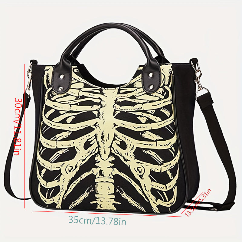 Halloween Skeleton Print Handbag, Luminous Horror Night Canvas Crossbody Bag, Gothic Ghost Skull Elf Tote Bag - Perfect for Carnival Mardi Gras Music Festival