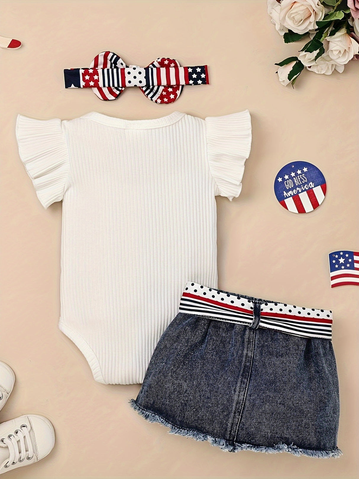 My 1st 4th of July Baby Girl Clothes Newborn Independence Day Outfits Infant Ruffle Romper + Short Jean Skirt + Headband 0-18 Months, for Outdoor