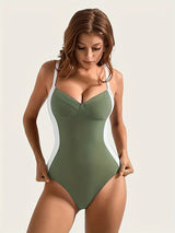 [Elegant Style] Stylish Green One-Piece Swimsuit for Women - Sexy Crisscross Back Design, Tummy Control, Removable Pads, V-Neck, High Cut, Stretch Nylon & Spandex Blend, Machine Washable, Beachwear Essentials | Vneck Swimwear