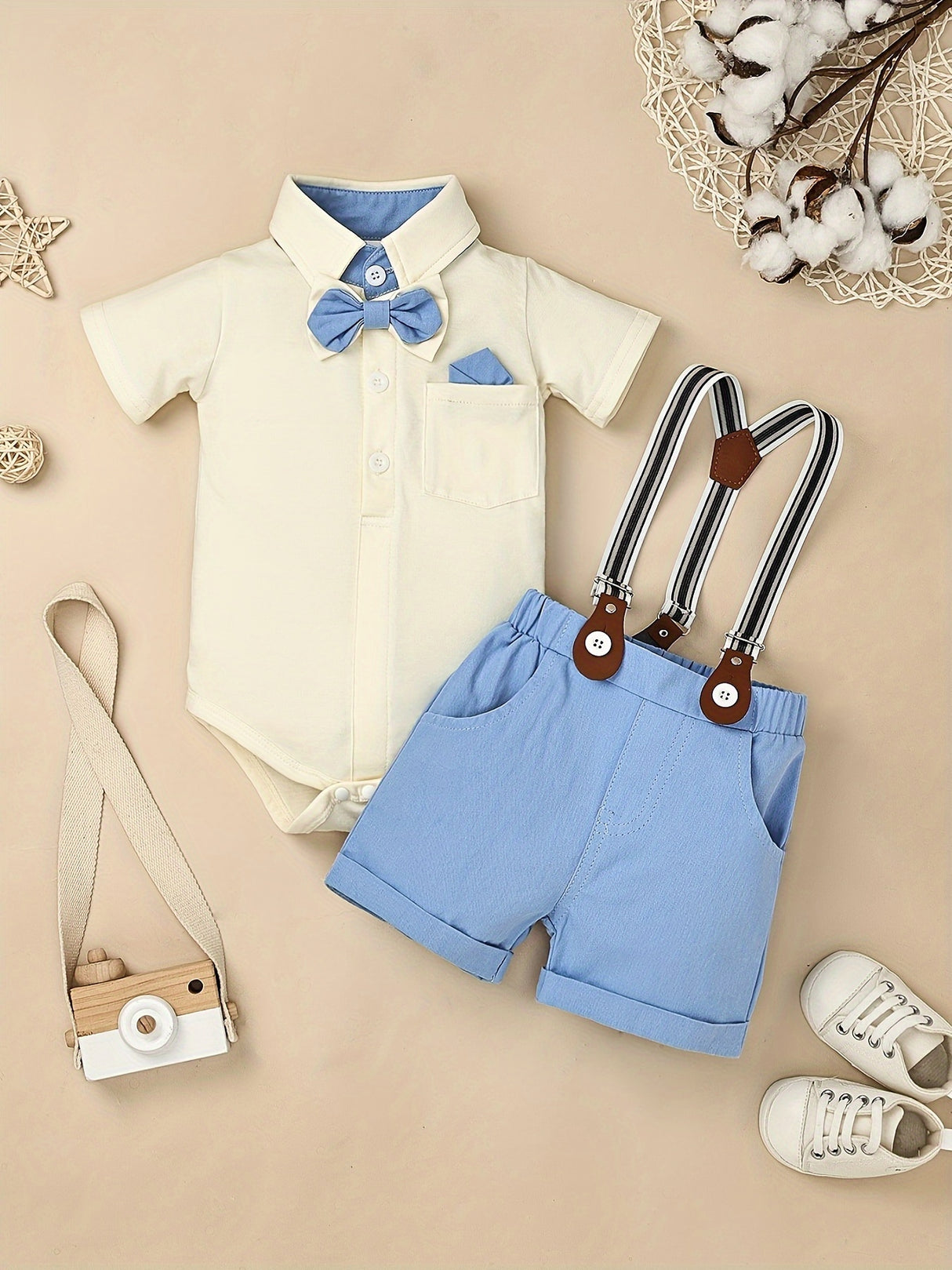 Baby Boy Clothes Infant Little Gentleman Romper + Strap Pants + Bowtie 3pcs Outfits 0-18 Months