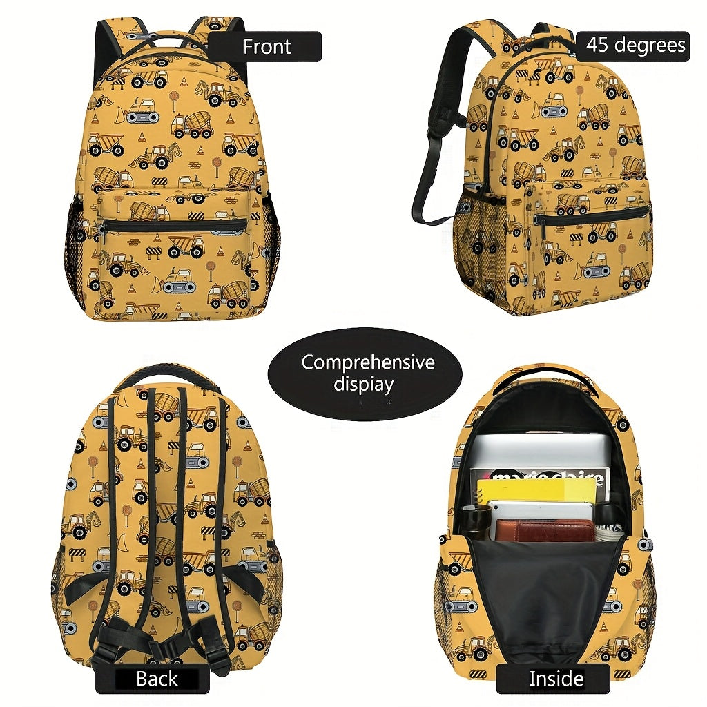 Excavator Print Pattern Double Shoulder Backpack, Boys' Large Capacity Yellow Polyester School Bag