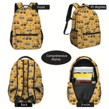 Excavator Print Pattern Double Shoulder Backpack, Boys' Large Capacity Yellow Polyester School Bag