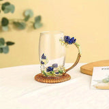 1pc, Exquisite Rose Enamel Butterfly Tea Cup - Heat Resistant, Clear Glass, Painted Flower Design, Elegant Coffee Mug, Tumbler, Ideal Breakfast Drinking Glass, Perfect Gift for Tea Lovers