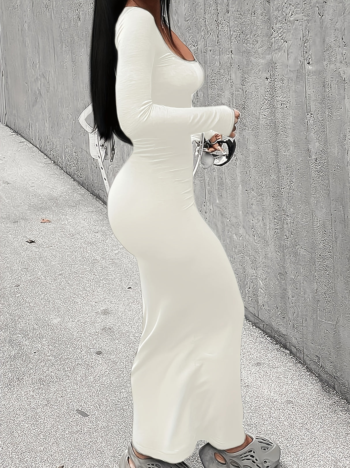 Long Sleeve Solid Casual Maxi Dress, Simple Scoop Neck Dress for Women