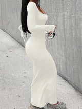 Long Sleeve Solid Casual Maxi Dress, Simple Scoop Neck Dress for Women