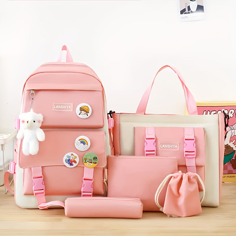 5pcs LANSHIYA Canvas Backpack Set - Solid Color, Casual Travel & School Bag with Messenger Bag, Large Capacity, Zipper Closure, Polyester Lining, Hand Wash/Dry Clean Care