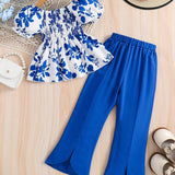Girls 2pcs Shirred Shirt & Elastic Waist Flared Pants Set Floral Print Short Puff Sleeve Top Elegant Kids Clothes Summer