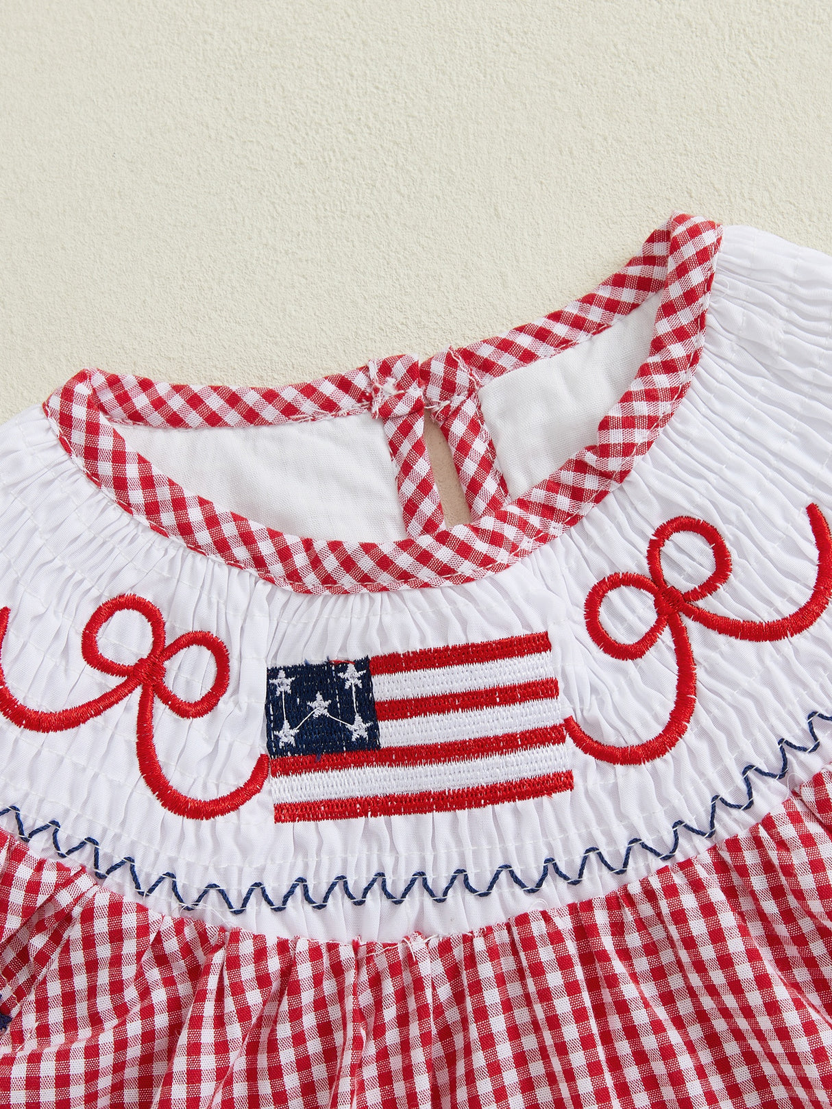 Toddler Girls Patriotic 4th of July Dress with American Flag Embroidery, Ruffled Sleeves & Bow Detail - Red Gingham A-Line Cotton Blend Beach Party Outfit for Independence Day Celebrations, Little Girls Outfit Sets