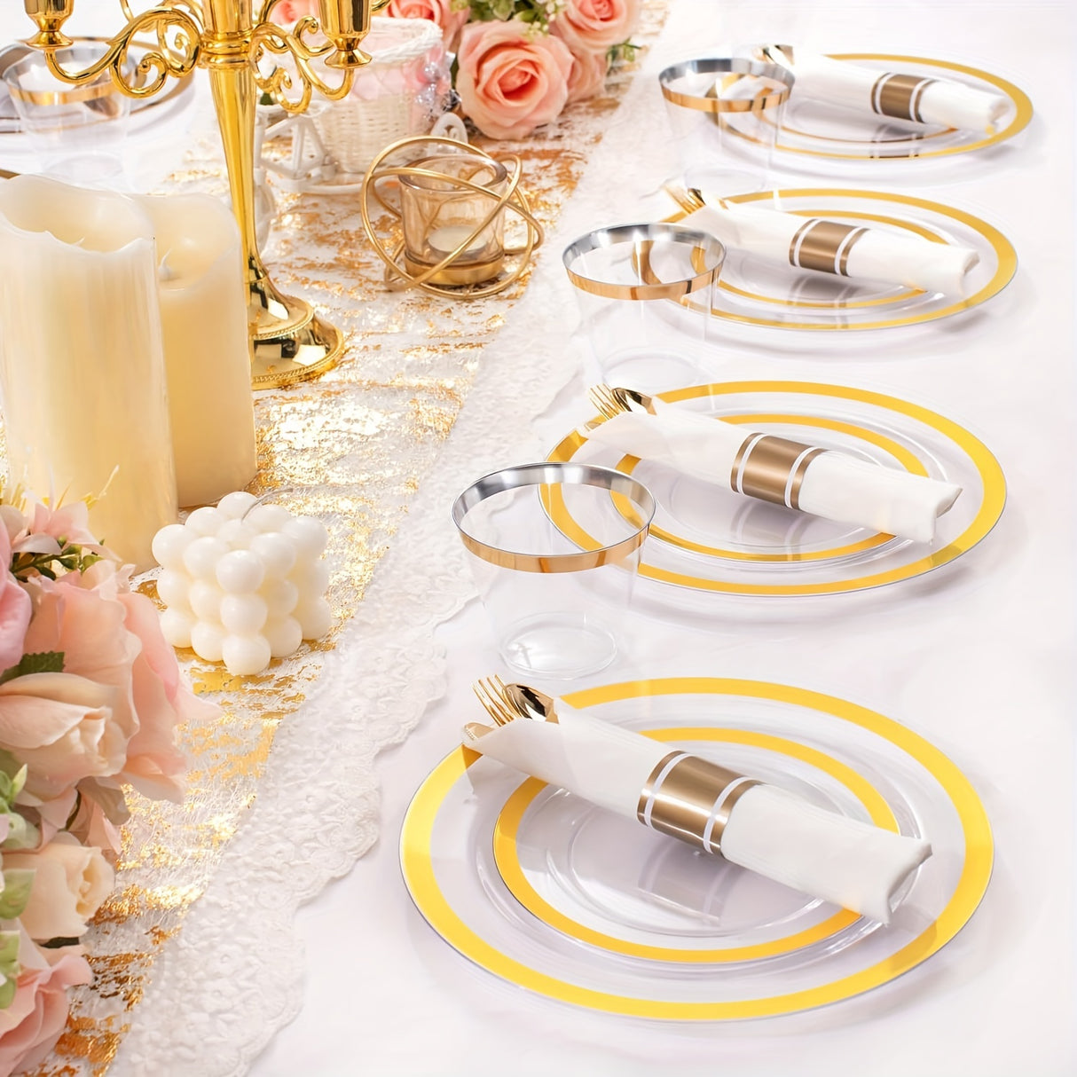 350PCS Clear Gold Plastic Plates Clear Plates with Gold Rim for 50Guests Dinnerware Include 100 Gold Clear Plates disposable 150 Gold Silverware 50Napkins for Party&Wedding&Easter
