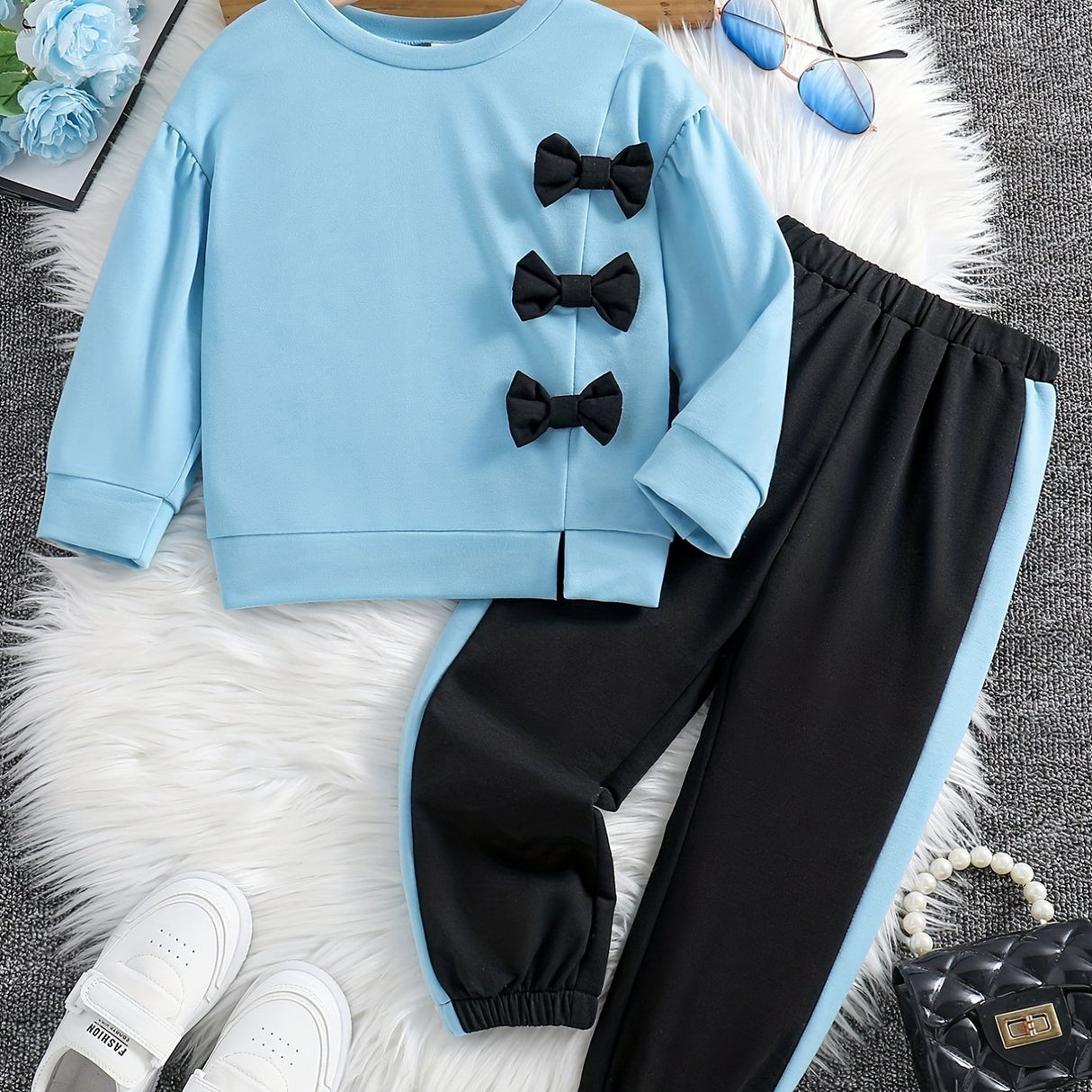 Girls 2pcs Sweatshirt & Elastic Waist Pants Set Bow Decor Long Sleeve Pullover Top Casual Kids Clothes Spring Fall