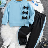 Girls 2pcs Sweatshirt & Elastic Waist Pants Set Bow Decor Long Sleeve Pullover Top Casual Kids Clothes Spring Fall