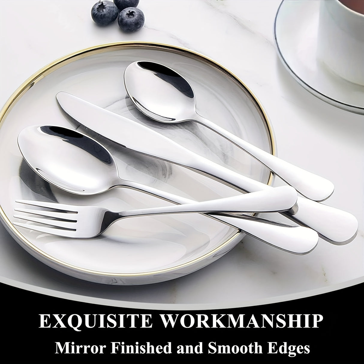 60pcs, Stainless Steel Flatware Set, Black & Golden Silverware, Mirror Polished Cutlery Set, Includes Knives, Forks, Spoons, For Weddings, Birthdays, Independence Day, Dishwasher Safe