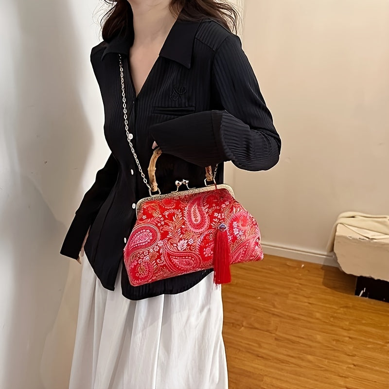 Vintage Chic Mini Shoulder Clutch Bag - Stylish Chain Strap, Versatile for Evening Party, Formal Occasions and Daily Use - Ethnic Inspired Design, Soft Fabric, and Easy to Carry