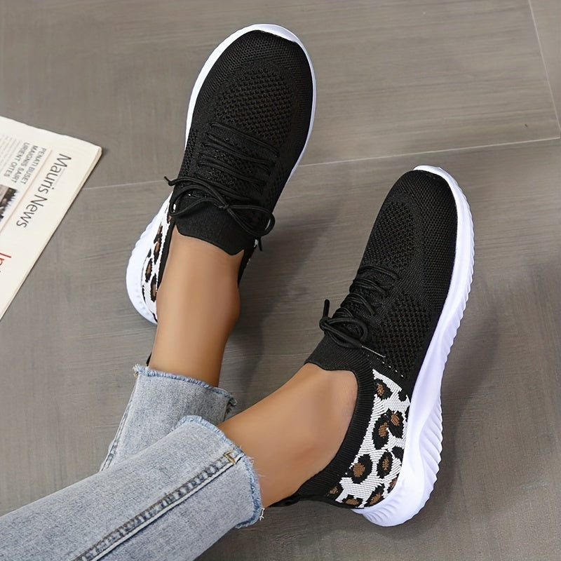 Women's Leopard Knit Sports Shoes, Breathable Lace Up Low Top Running Shoes, Casual Walking Tennis Sneakers