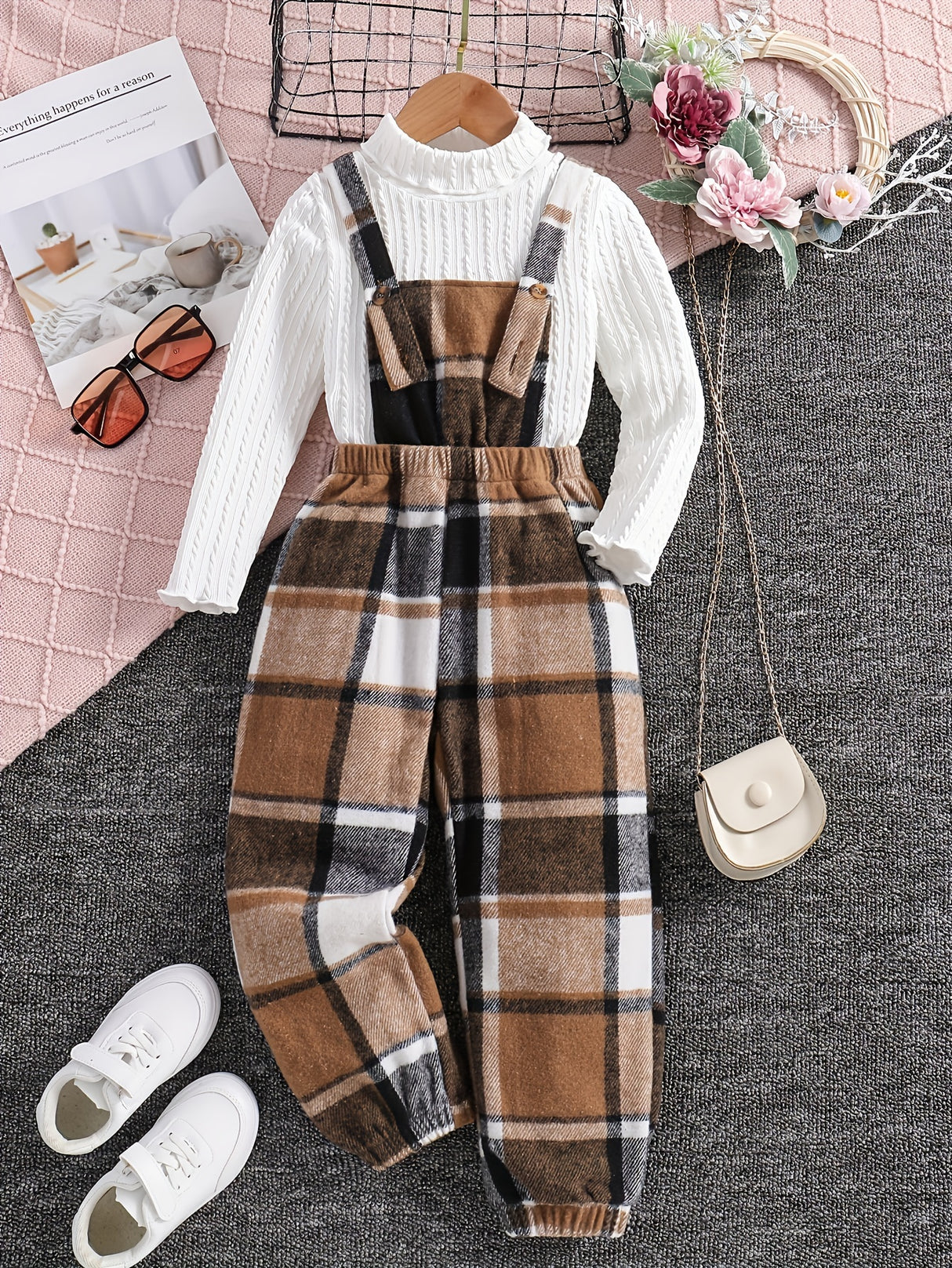 Girls 2pc, Solid Pullover Long Sleeve Top + Plaid Jumpsuit Kids Clothes For Spring Fall Outdoor