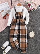 Girls 2pc, Solid Pullover Long Sleeve Top + Plaid Jumpsuit Kids Clothes For Spring Fall Outdoor