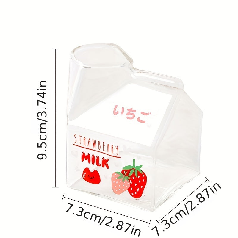 1pc Adorable Kawaii Glass Milk Carton Mug - 12 Oz Microwave Safe, Reusable, BPA-Free, Square-Shaped, Recyclable, Multipurpose Cup with Strawberry, Peach, Avocado, and Banana Print for Breakfast and Coffee