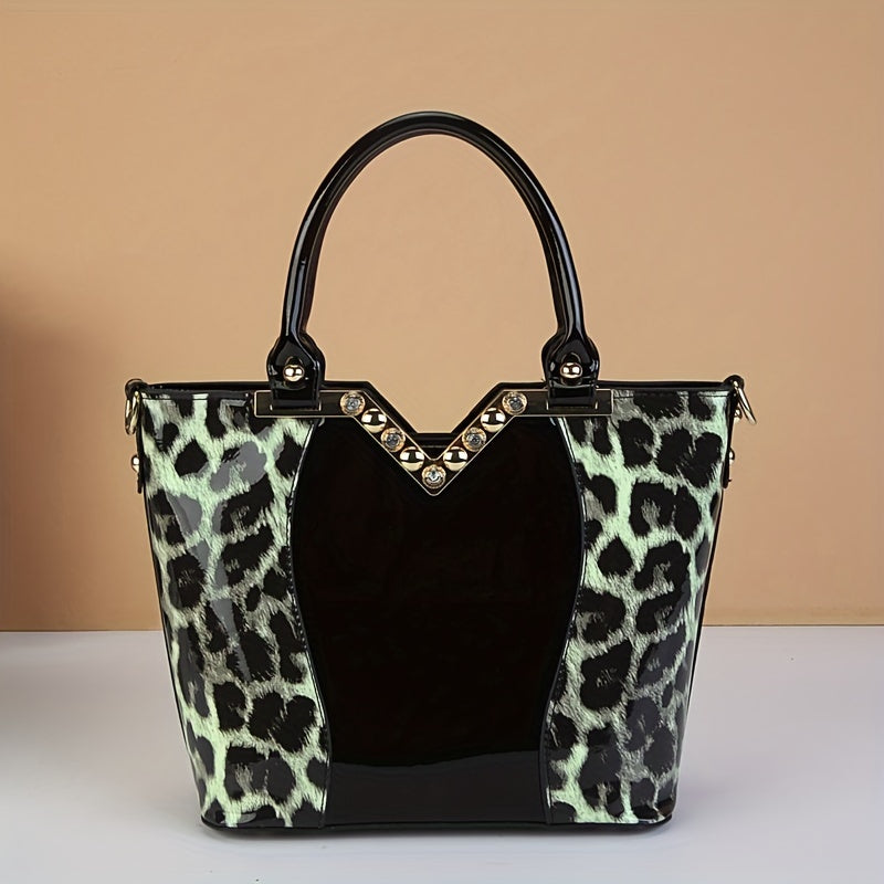 Elegant Leopard Pattern Handbag, Bright PU Leather Crossbody Bag, Fashion Double Handle Purse For Women