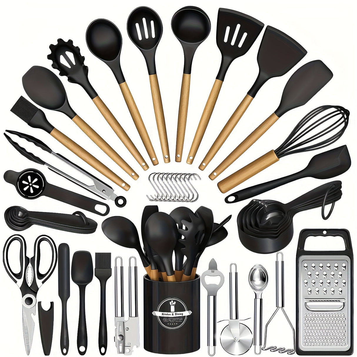 44pcs Non-Stick Silicone Kitchen Utensil Set with Wooden Handles, Includes Stainless Steel Grater & Bottle Opener