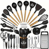 44pcs Non-Stick Silicone Kitchen Utensil Set with Wooden Handles, Includes Stainless Steel Grater & Bottle Opener