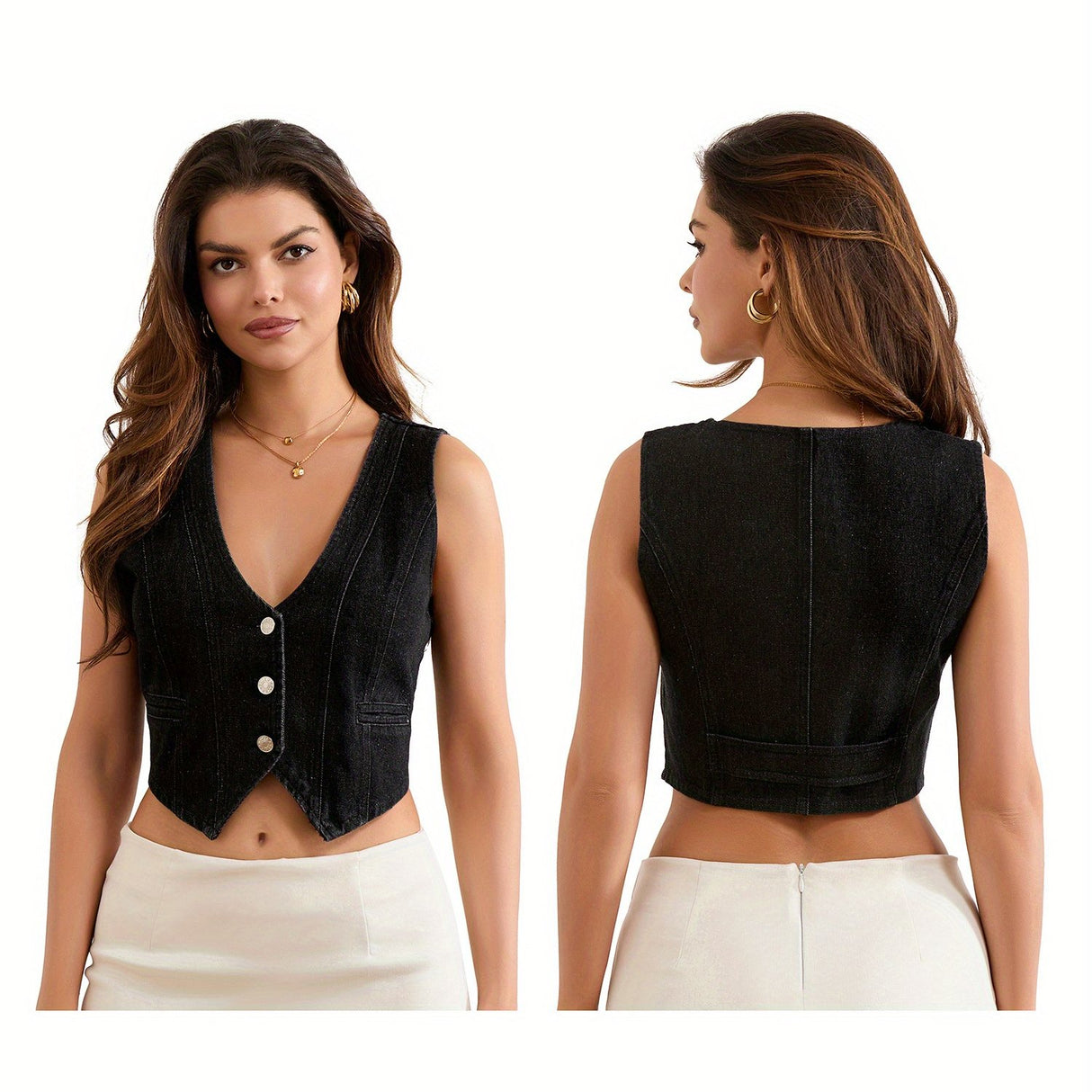 Women's Summer Jean Vest Tank Tops Sleeveless V Neck Button Down Denim Crop Tops Streetwear