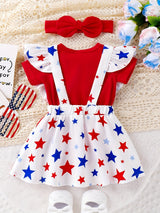 Baby Girl Newborn Romper with Red Head Knot, Short Sleeve, Star Print Bear Embroidery & Sling Skirt - Cotton Blend, Cute Style, Summer Wear, 0-18 Months, Perfect for Outdoor
