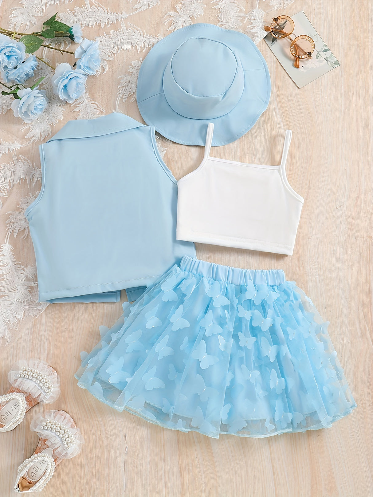 4-Piece Girl's Vest, Camisole, Hat, and Elastic Waist Skirt Set - Butterfly Mesh Decor, Cute Trendy Outfits for Summer, Breathable, Comfortable, and Adorable Kids Clothes for Little Princesses