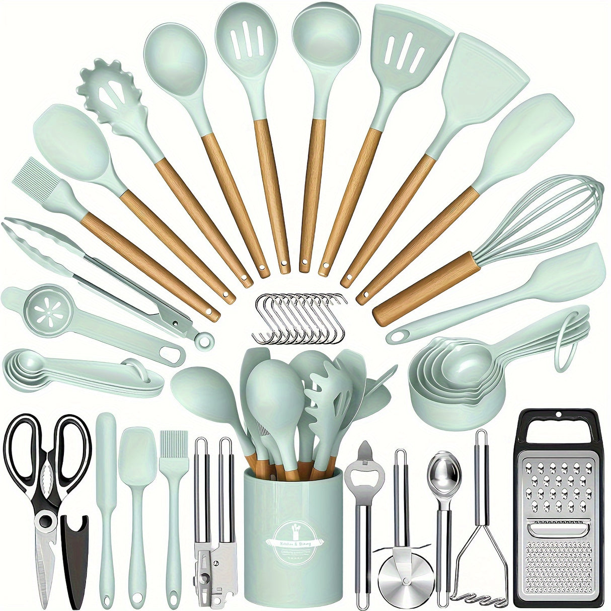 44pcs Non-Stick Silicone Kitchen Utensil Set with Wooden Handles, Includes Stainless Steel Grater & Bottle Opener