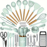 44pcs Non-Stick Silicone Kitchen Utensil Set with Wooden Handles, Includes Stainless Steel Grater & Bottle Opener