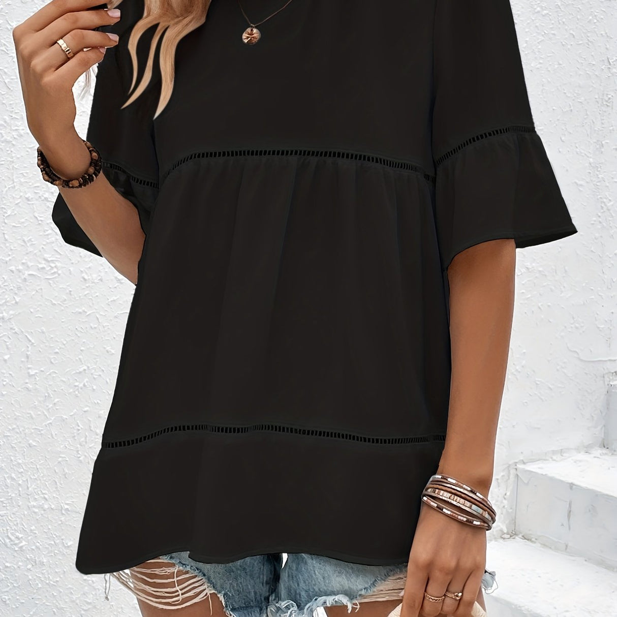 Solid Ruffle Trim Blouse, Vacation Cut Out Crew Neck Summer Blouse, Women's Clothing