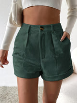 Chic Textured High Waist Shorts for Women - Button Front, Slant Pockets, Rolled Hem Design - Casual Everyday Wear