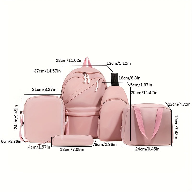 5pcs/set Multi-functional College Bag Set - Solid Color Laptop Backpack with Chest Bag, Handheld Bag, Sling Bag, and Pencil Pouch for Men and Women's Daily Commute