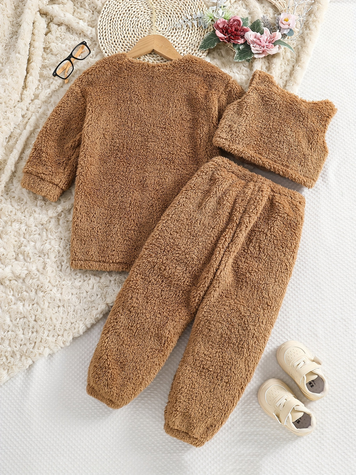 Double-sided Fleece 3pc Sets Toddler Girls Open Fron Jacket & Cami Tank Top & Jogger Pants Kids Clothes For Fall Winter Party