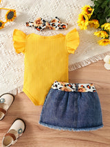 Baby Girl Clothes Newborn Jumpsuit Short Sleeved Denim Skirt with Front End and Baby Clothing Set, 0-18 Months, for Outdoor