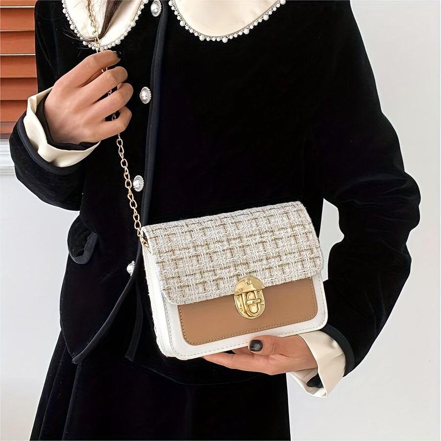 Fashion Tweed Chain Crossbody Bag, Mini Chain Square Purse, Trendy Turn Lock Shoulder Bag For Women