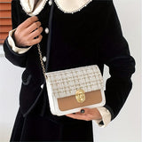Fashion Tweed Chain Crossbody Bag, Mini Chain Square Purse, Trendy Turn Lock Shoulder Bag For Women